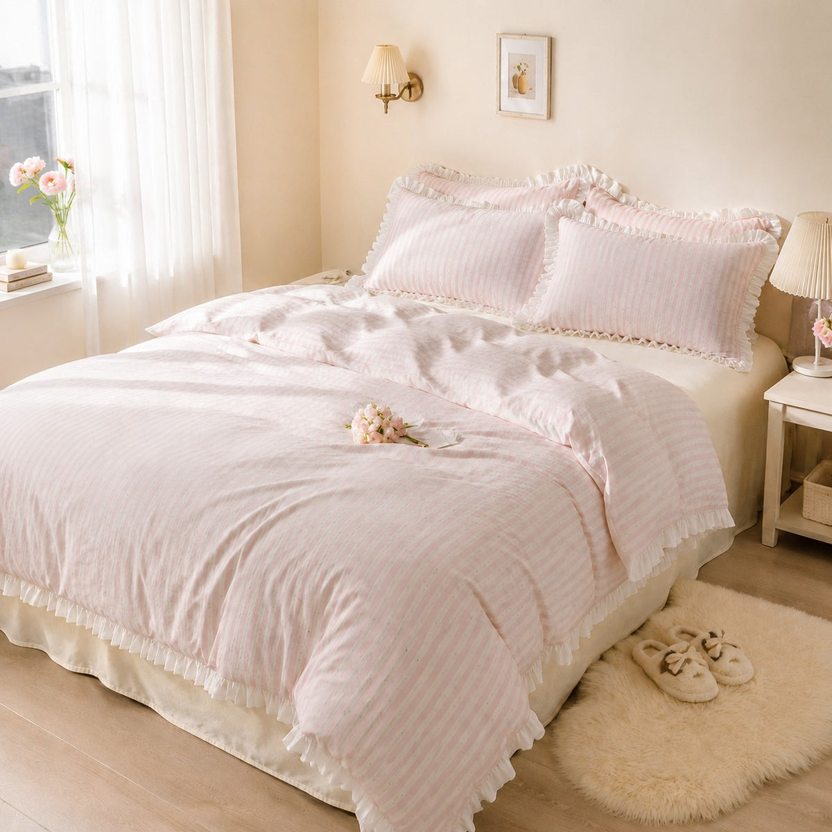 Roselle Pink and White Striped Cotton Bedding Set with Ruffle Trim G112