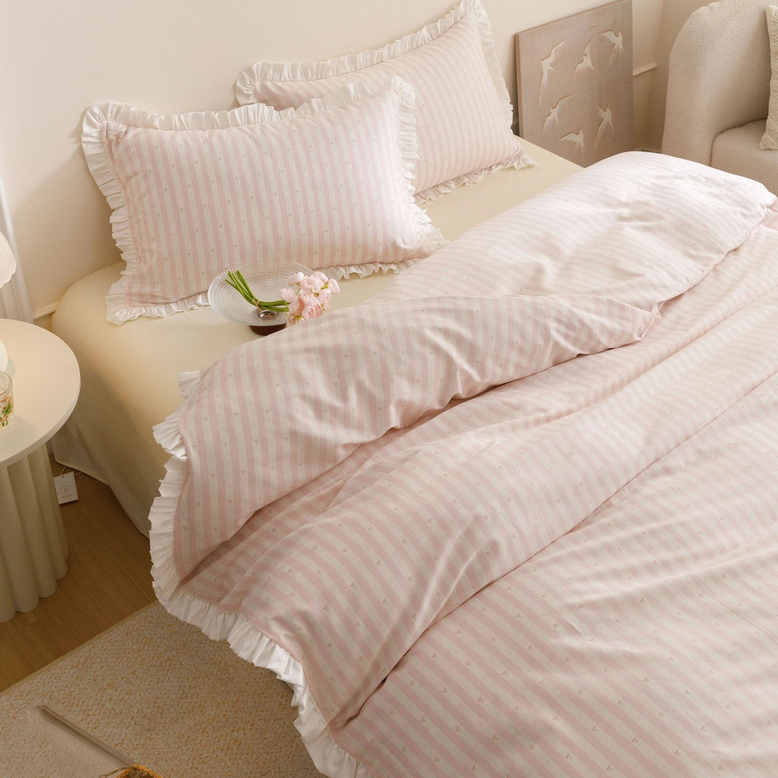Roselle Pink and White Striped Cotton Bedding Set with Ruffle Trim G112