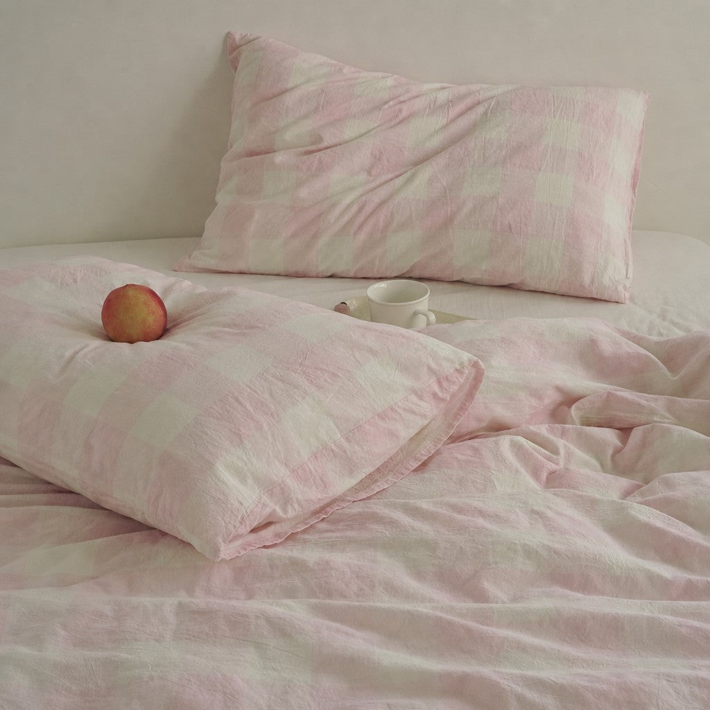Viatora Pink Plaid Cotton Bedding Set Breathable  Wicking for All Seasons G76