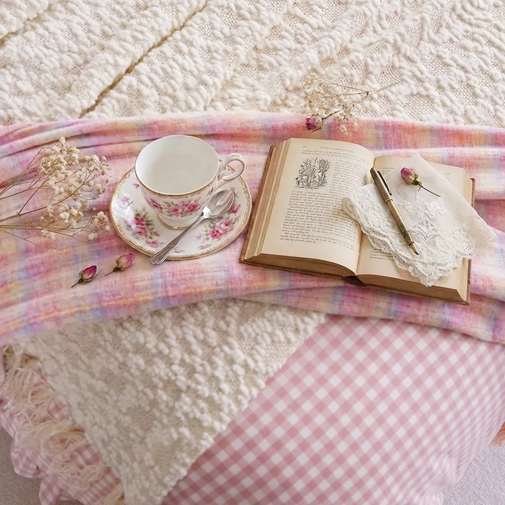 Pink Rustic Gingham Duvet Cover with Ruffle
