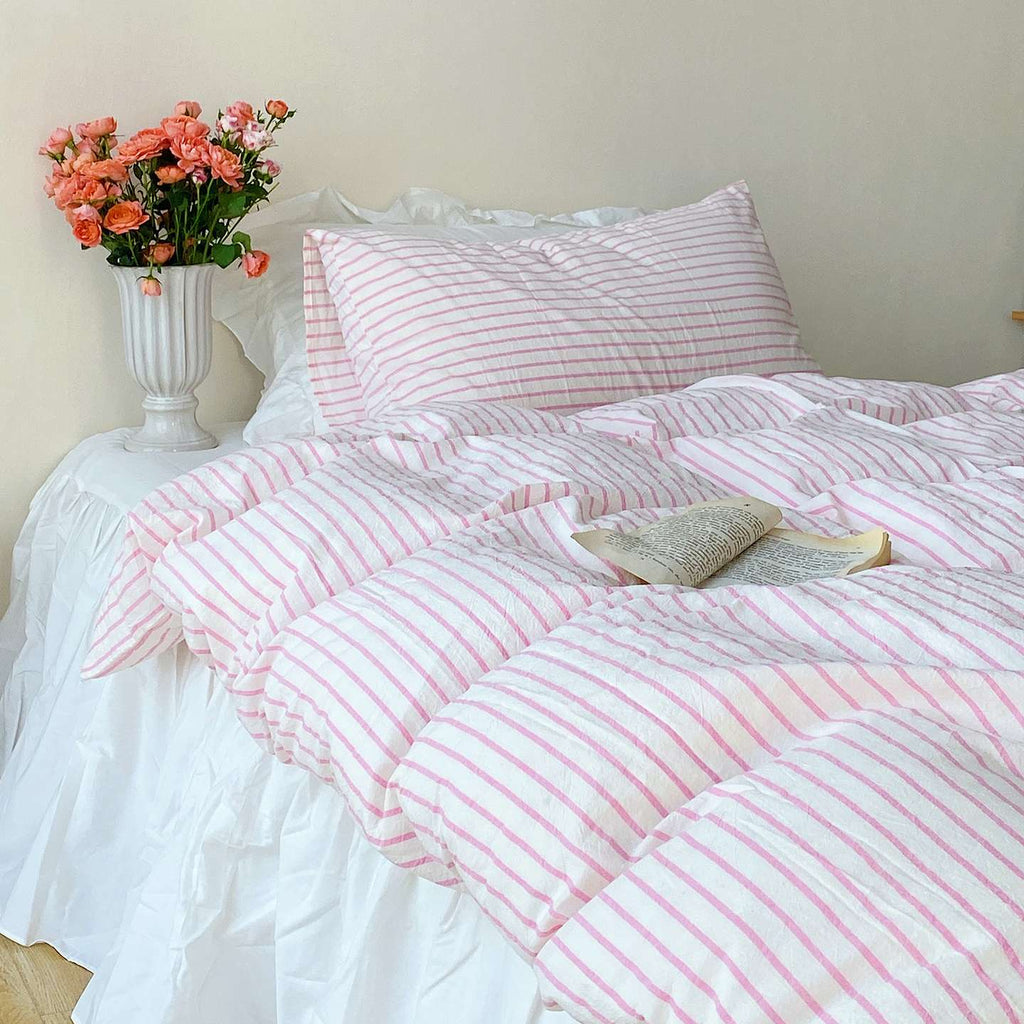 Roselle French Country Cloud White Cotton Bedding Set with Pink Striped Bed Skirt G109