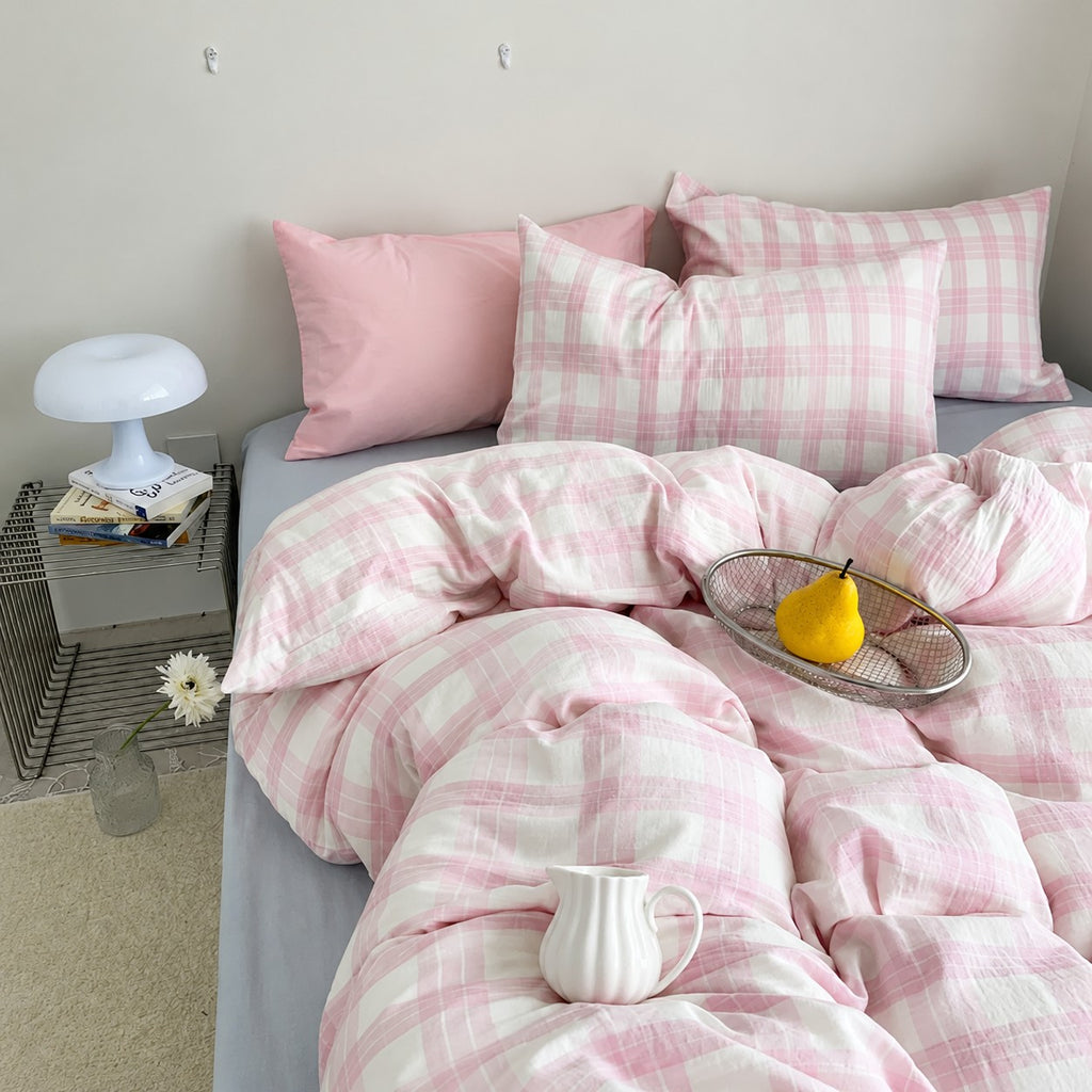 Vintora Breeze Plaid Double Layer Crinkle Gauze Cotton Bedding Set G107