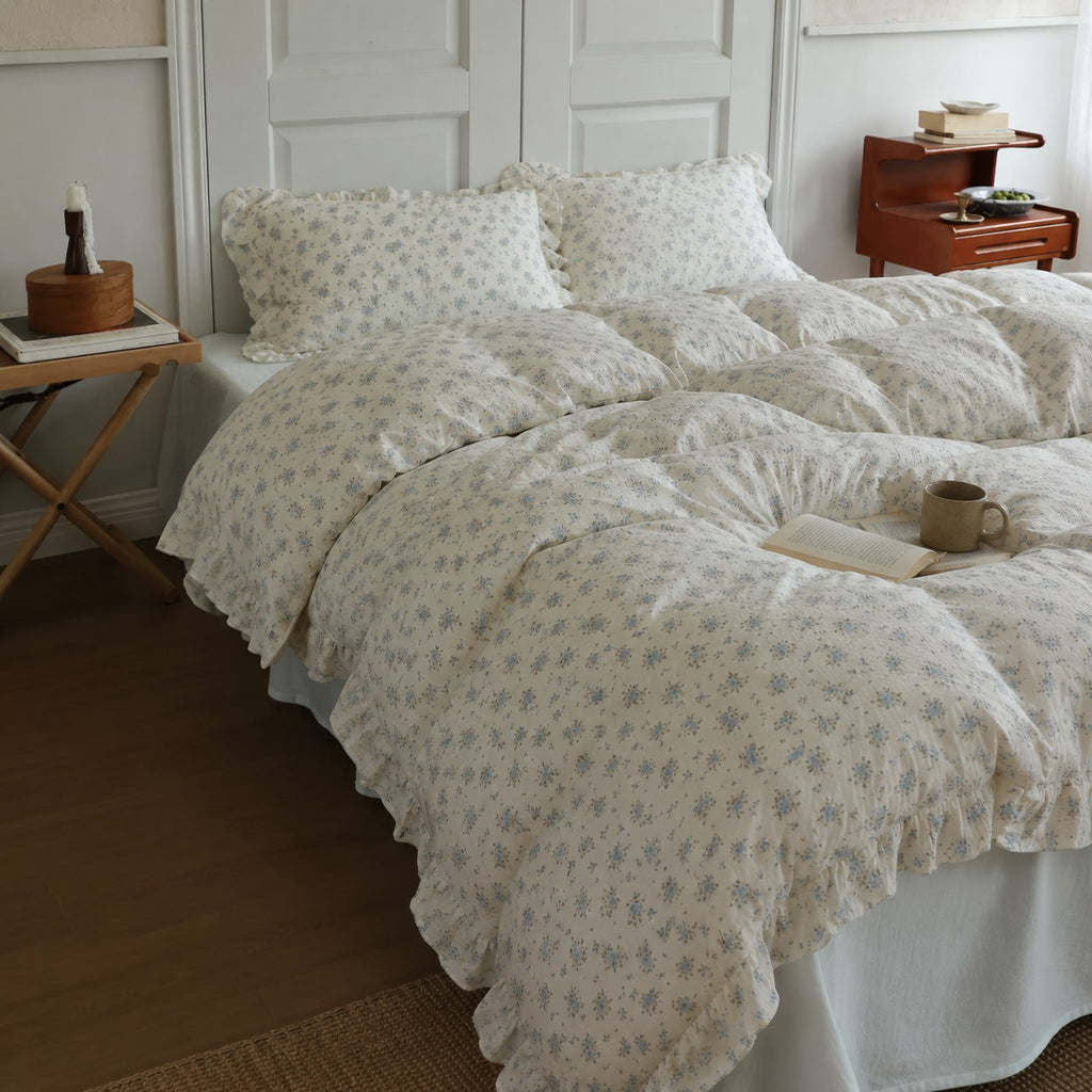Roselle Soft Blue Floral Cotton Bedding Set with Ruffle Edge G115