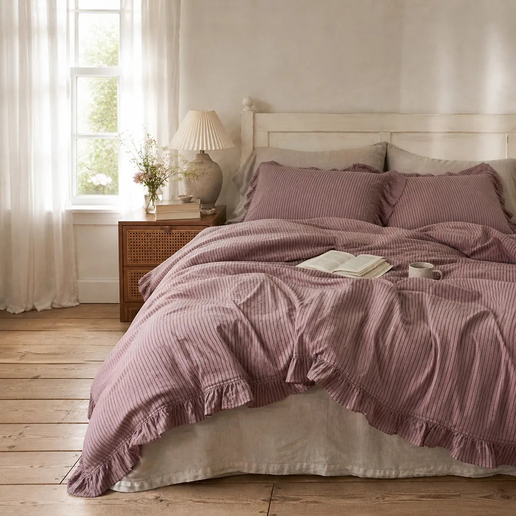 Purple Striped Ruffle Duvet Cover
