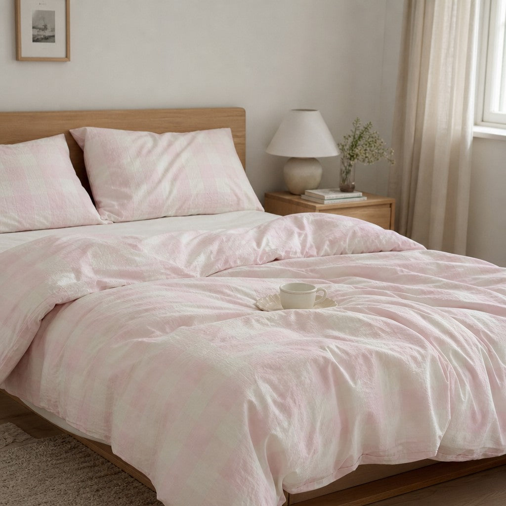 Viatora Pink Plaid Cotton Bedding Set Breathable  Wicking for All Seasons G76