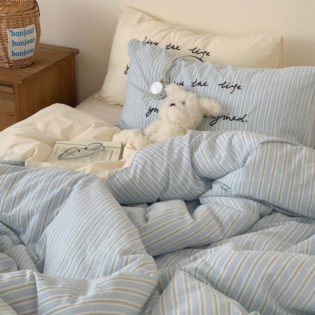 Vintora Washed Cotton Striped Bedding Set Soft Breathable Cotton Minimalist Set G94