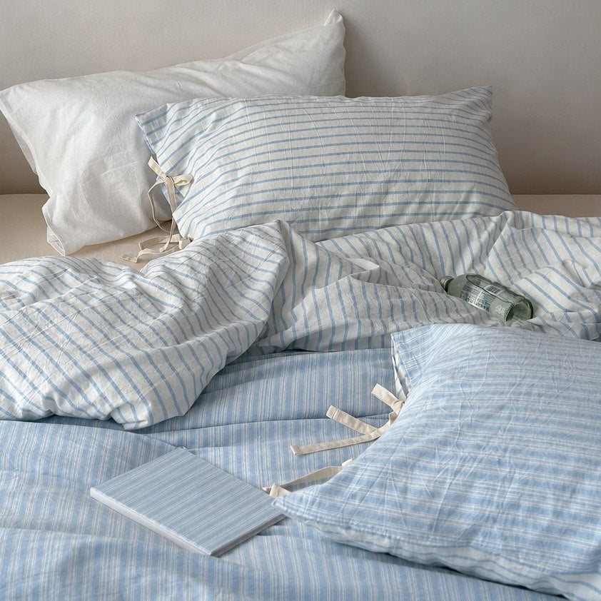 Vintora Blue Stripe Washed Cotton Bedding Set Breathable All Season Bed Linen G93
