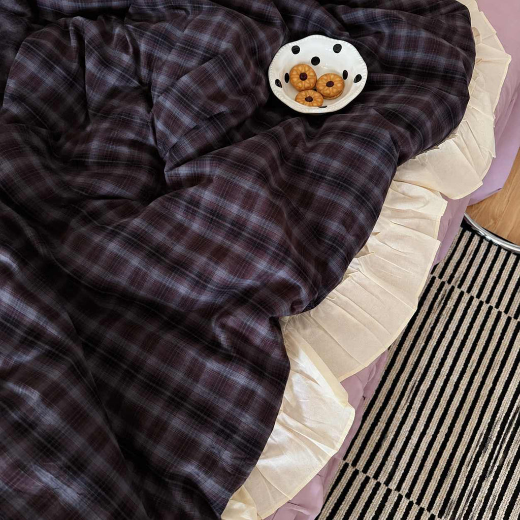 Roselle Washed Cotton Gingham Bedding Set with Ruffle Trim G113