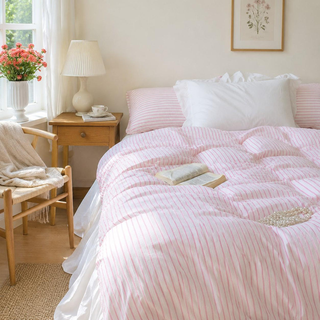 Roselle French Country Cloud White Cotton Bedding Set with Pink Striped Bed Skirt G109