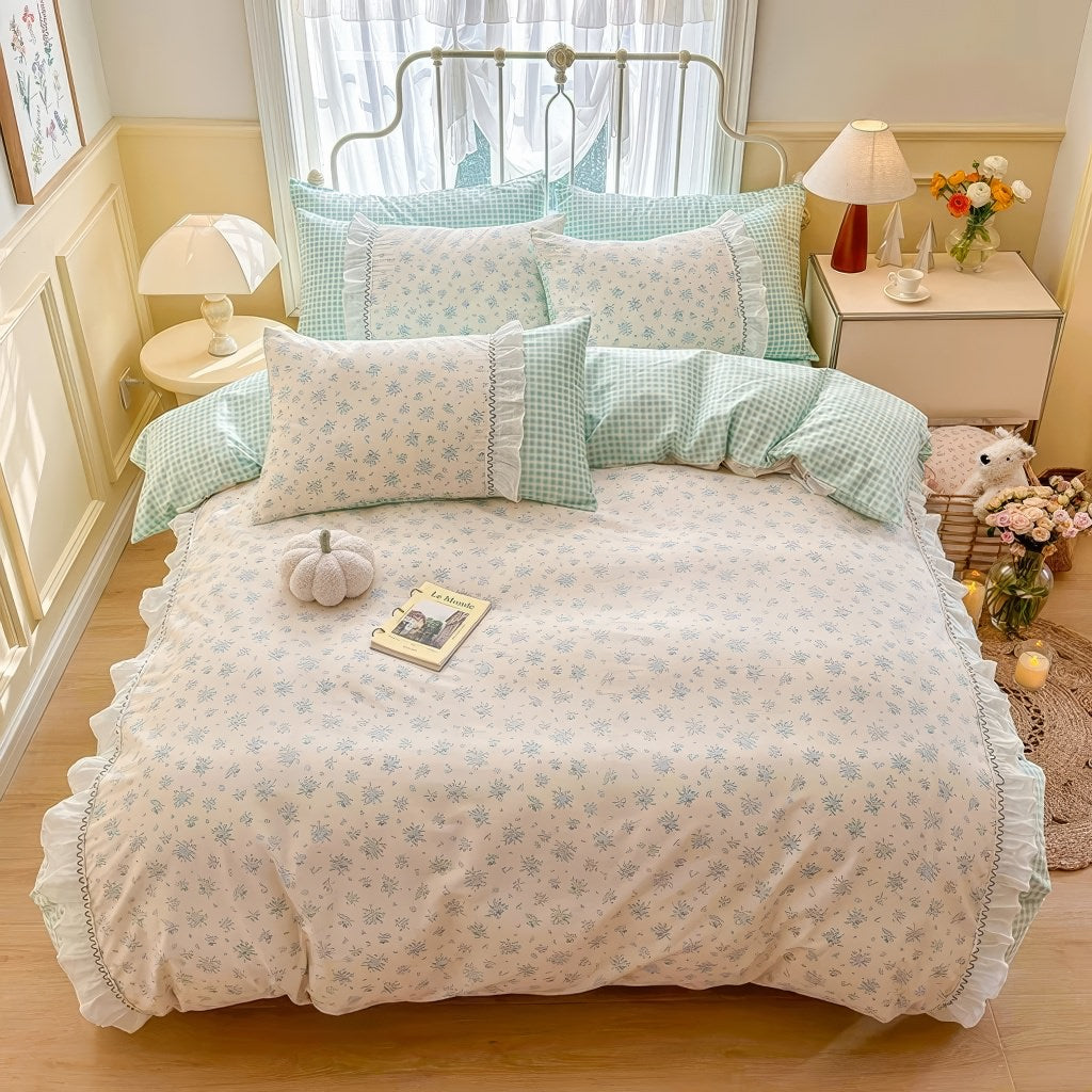 Kawaii Grandma Blue Plaid Bedding Duvet Cover Set