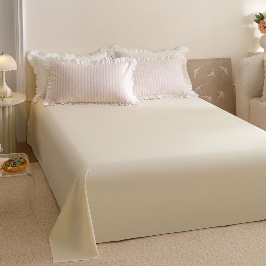 Roselle Pink and White Striped Cotton Bedding Set with Ruffle Trim G112