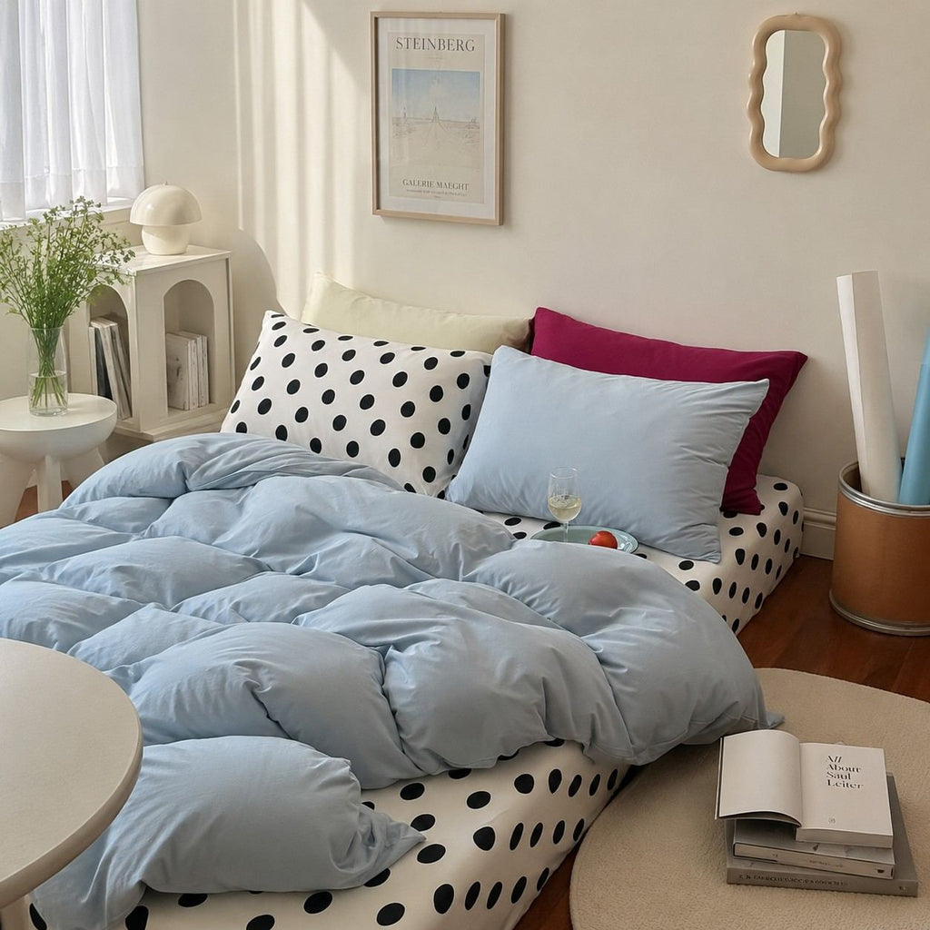 Vireza Black White Polka Dot Blue Cotton Bedding Set for All Season Set G102