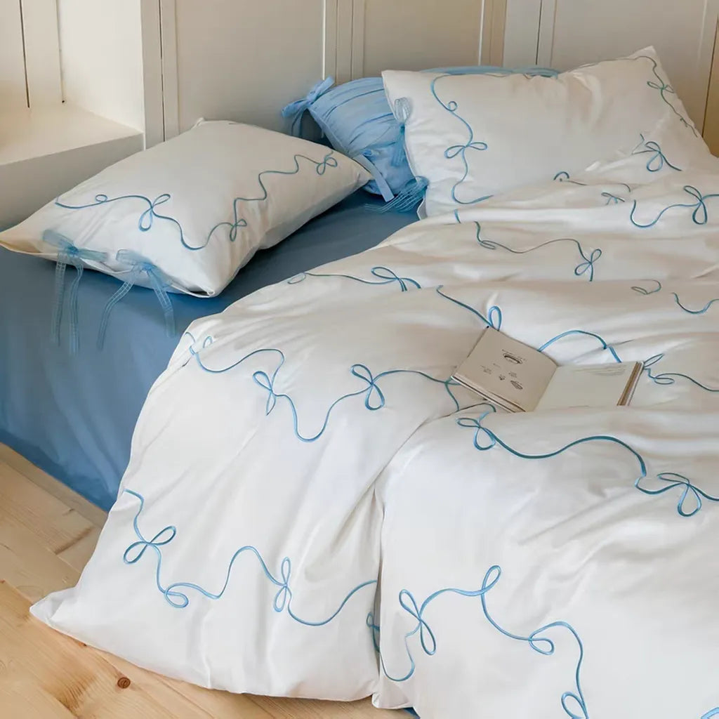 Coquette Bow Embroidery Bedding Set - Blue