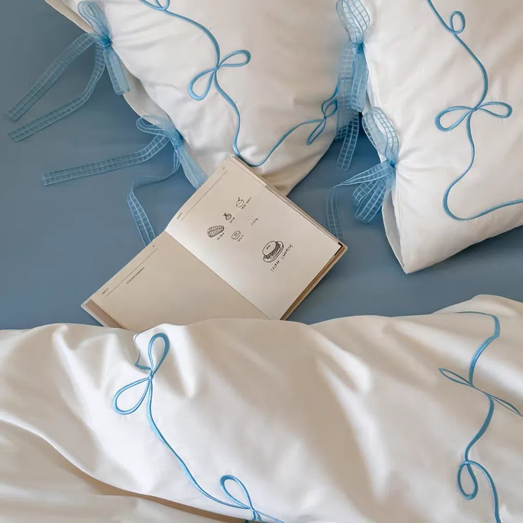 Coquette Bow Embroidery Bedding Set - Blue