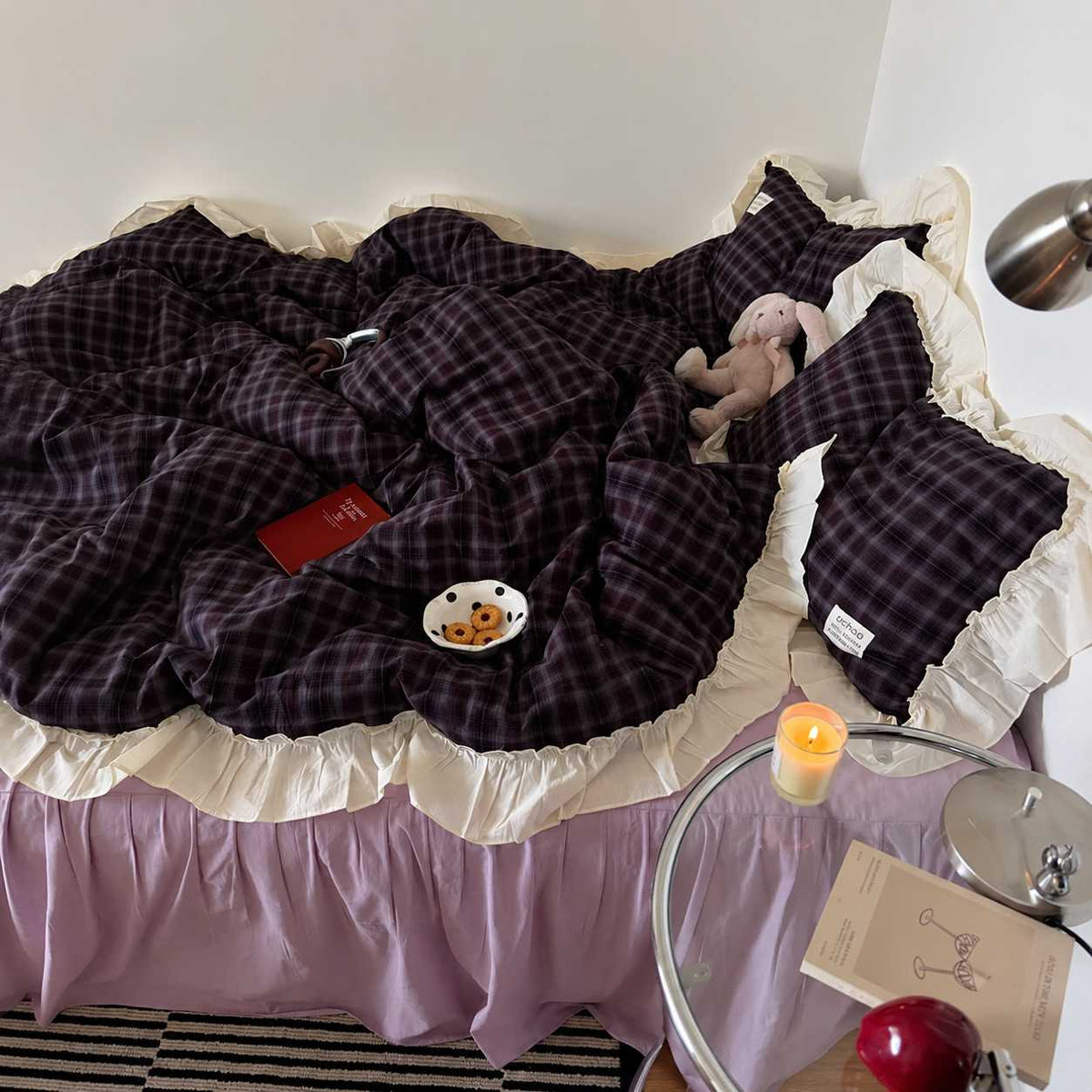 Roselle Washed Cotton Gingham Bedding Set with Ruffle Trim G113
