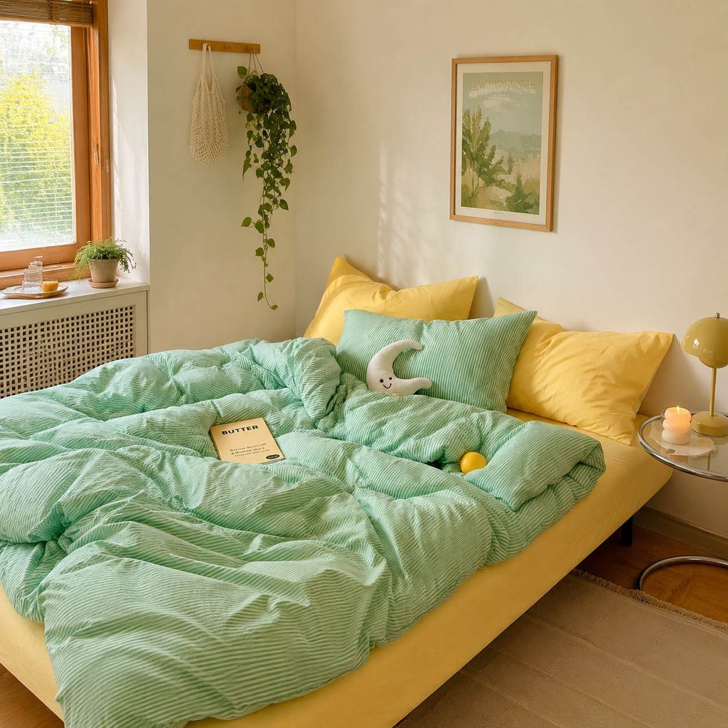 Vintora Minimalist Washed Cotton Striped Bedding Set  Airy All Season G97