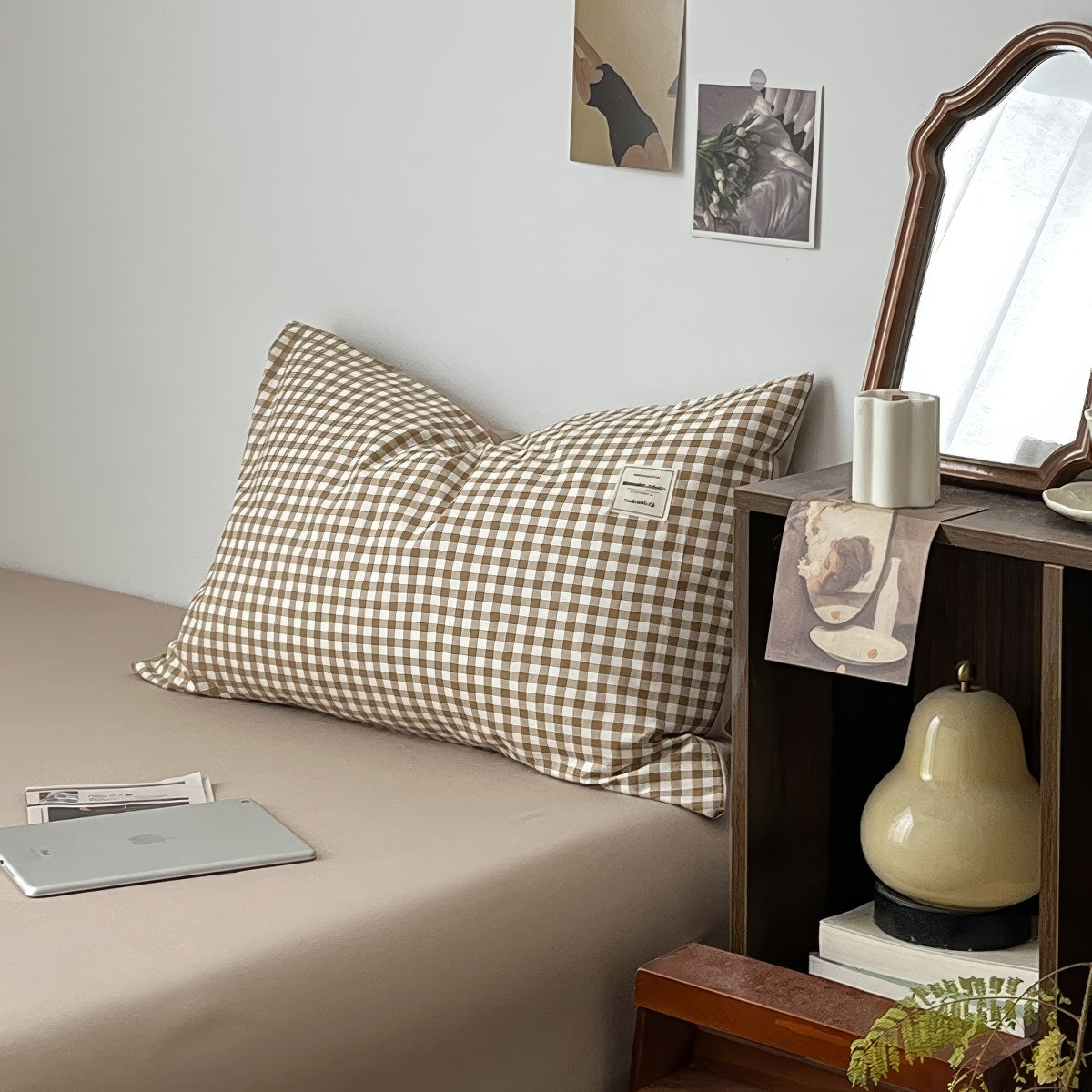 Light Brown Gingham Bedding Set