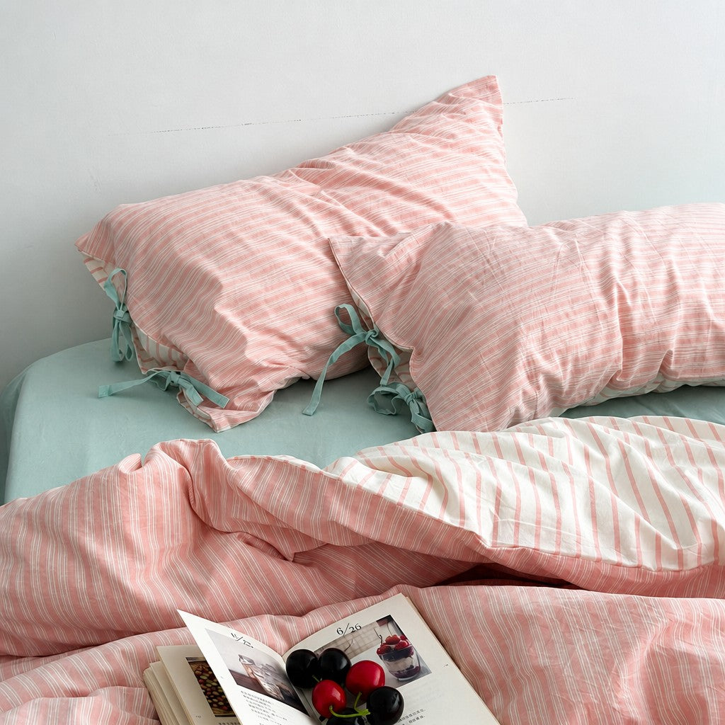 Vintora Cozy Vintage Pink Stripe Cotton Bedding 4 Piece Set
