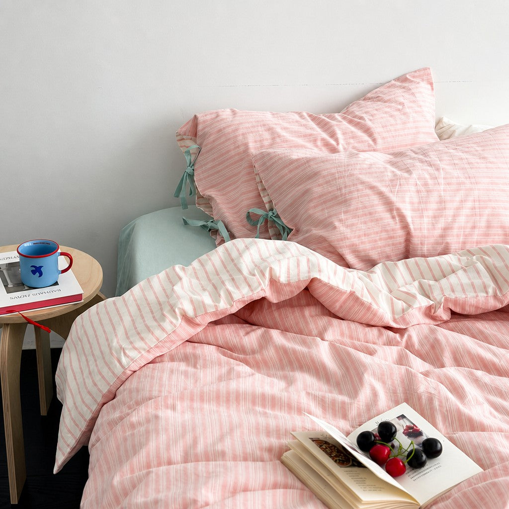 Vintora Cozy Vintage Pink Stripe Cotton Bedding 4 Piece Set
