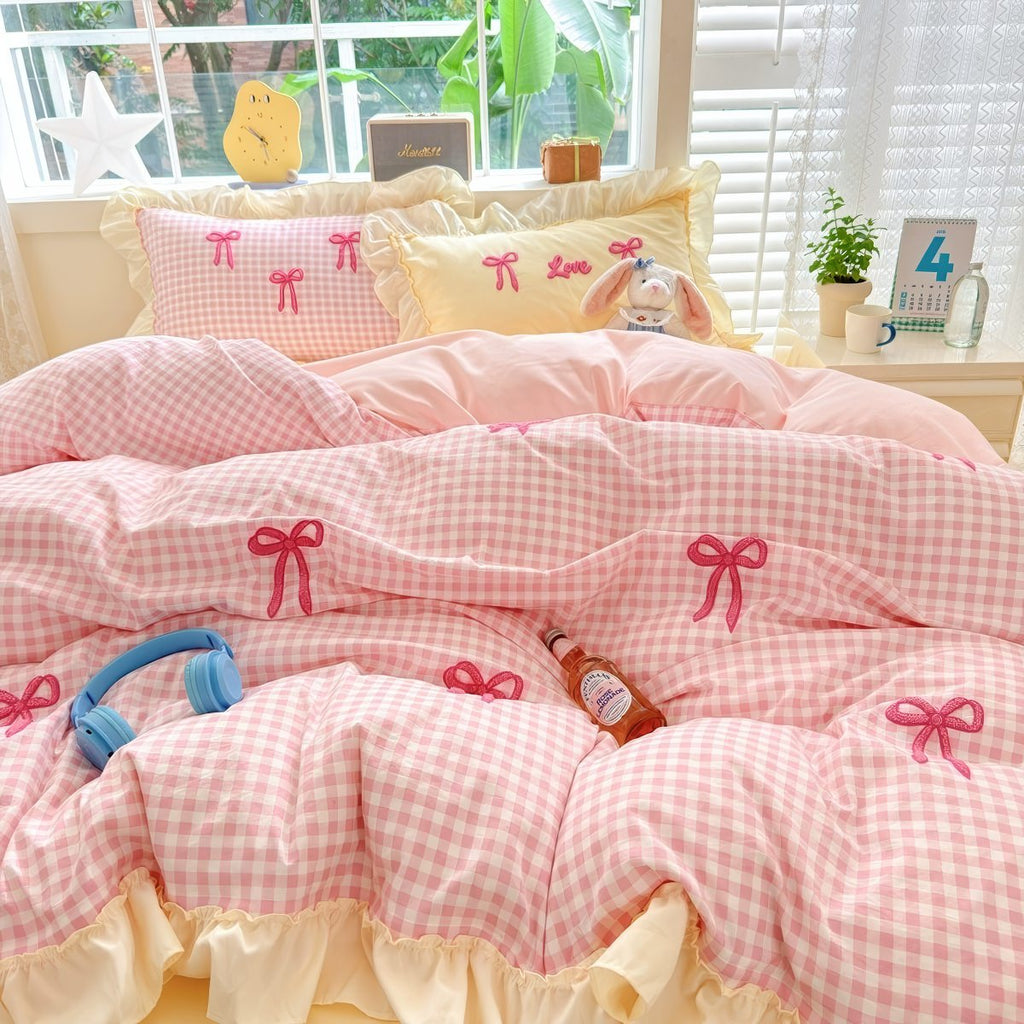 Pastel Pink Gingham with Bows Bedding Set