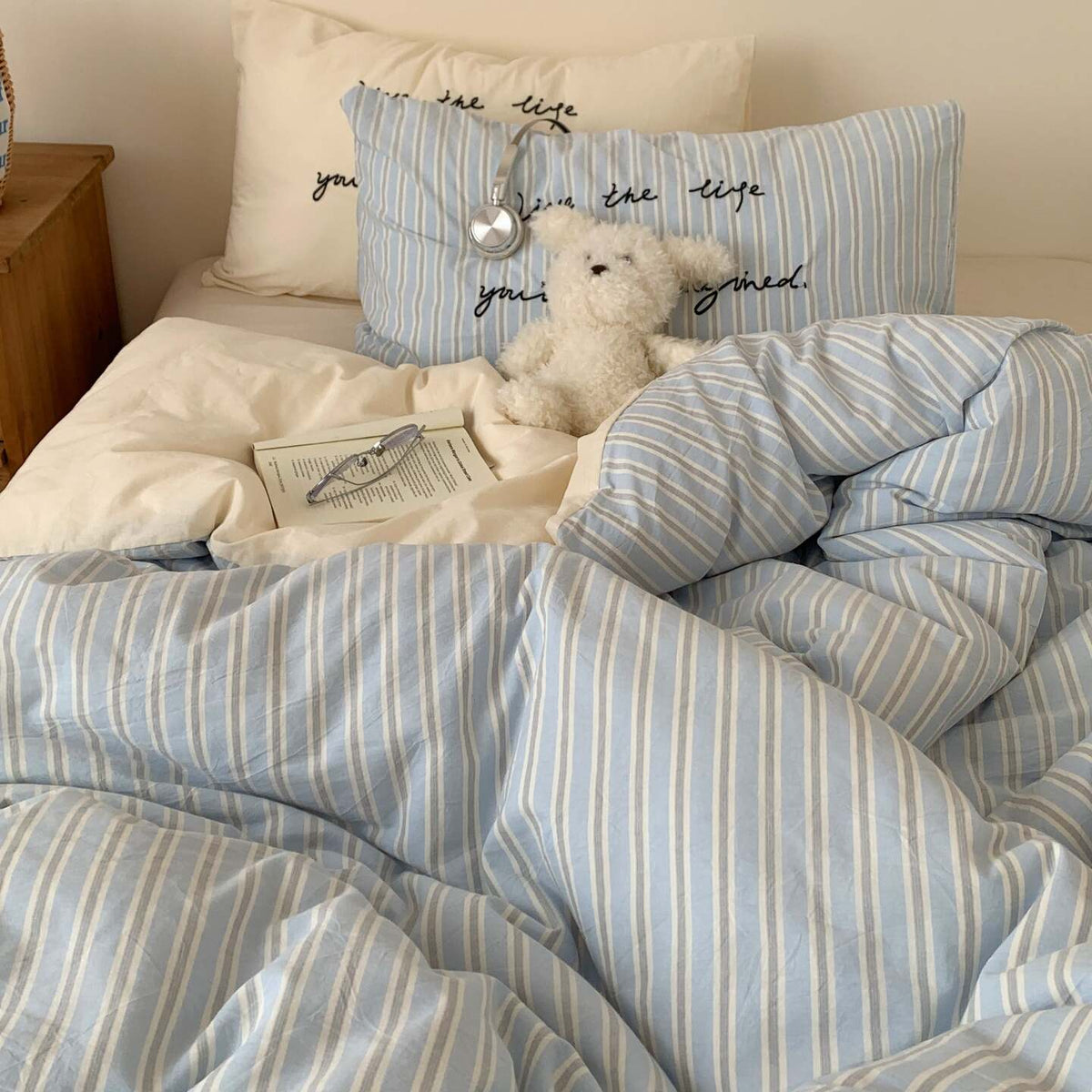 Vintora Washed Cotton Striped Bedding Set Soft Breathable Cotton Minimalist Set G94