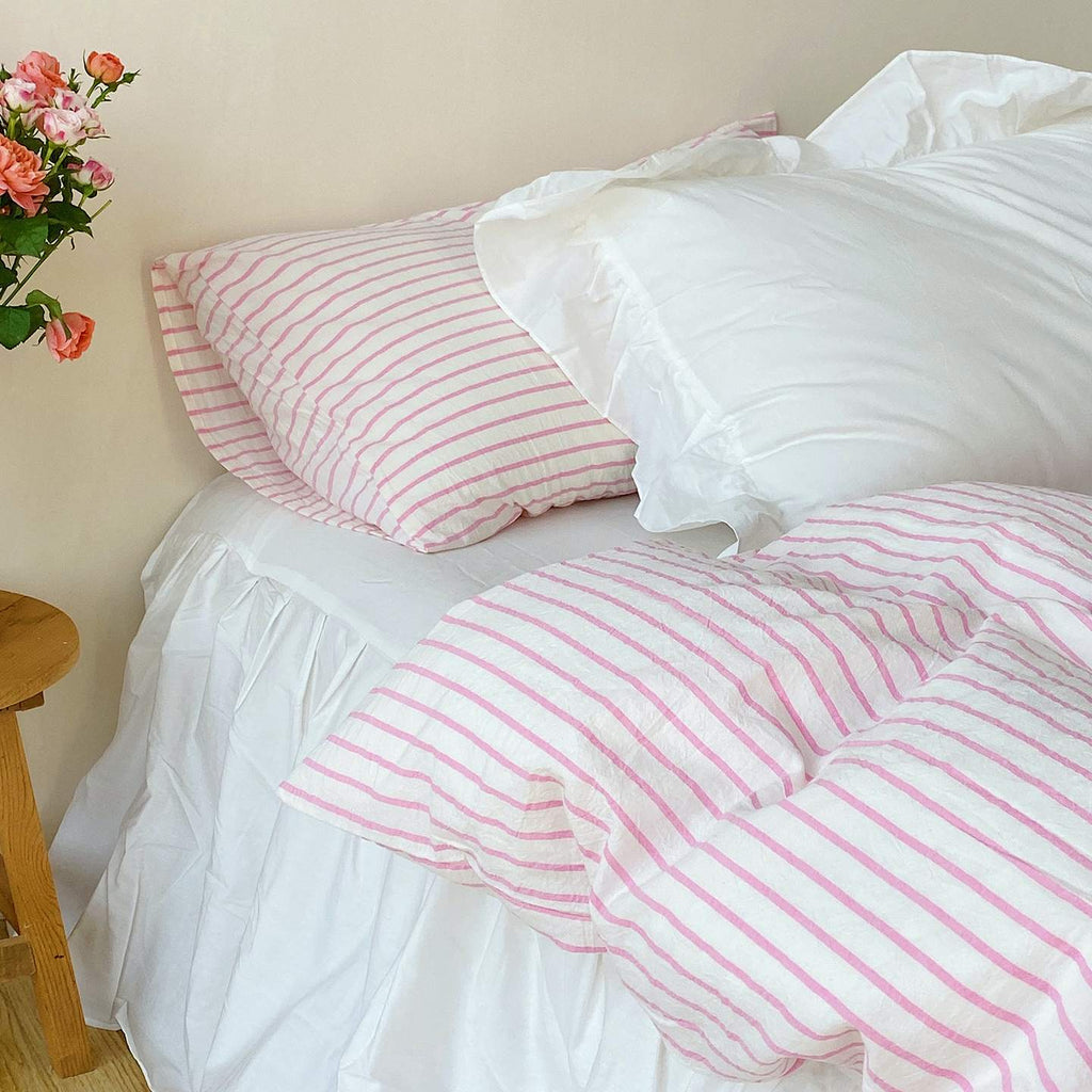 Roselle French Country Cloud White Cotton Bedding Set with Pink Striped Bed Skirt G109