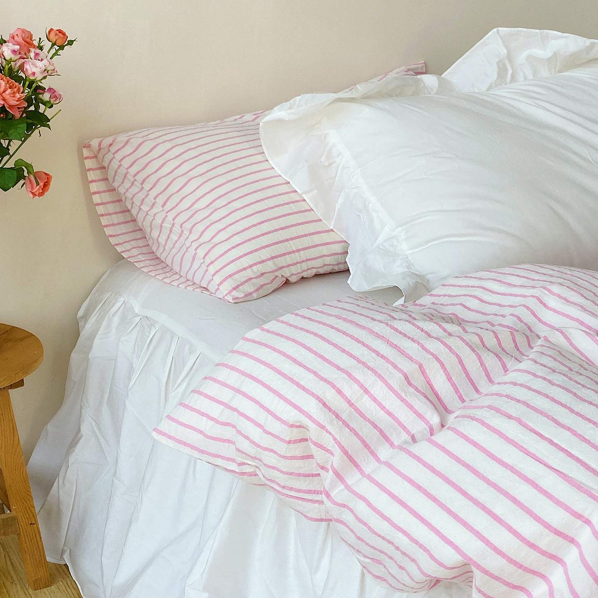 Roselle French Country Cloud White Cotton Bedding Set with Pink Striped Bed Skirt G109
