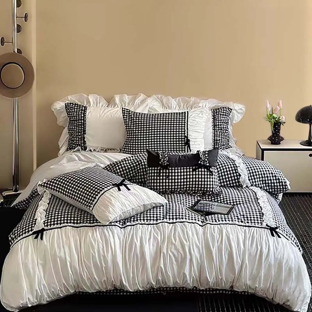 Black Gingham with Bow Ruched Bedding Set