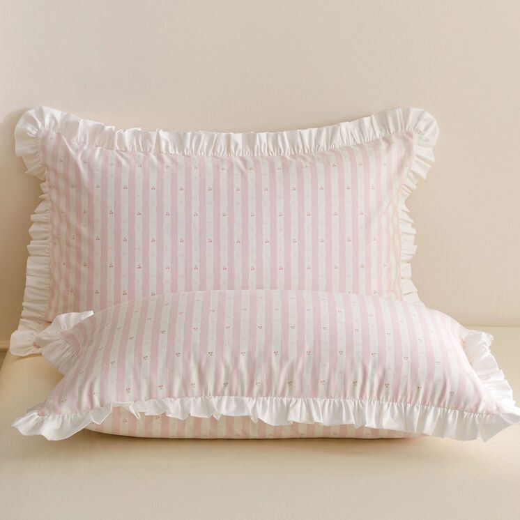 Roselle Pink and White Striped Cotton Bedding Set with Ruffle Trim G112