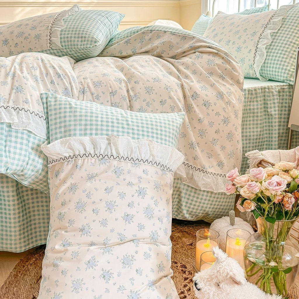 Kawaii Grandma Blue Plaid Bedding Duvet Cover Set