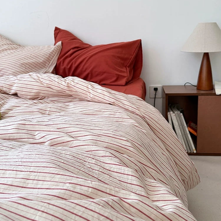 Vintora Red Beige Striped Cotton Bedding Set Minimalist Style for Bedroom Home Decor G83