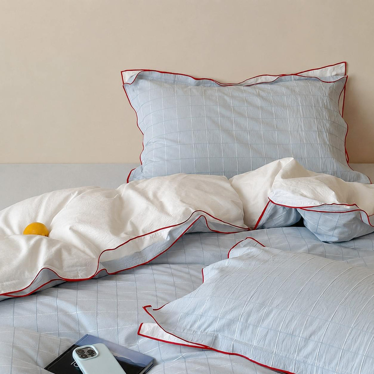 Vintora Simple Retro Blue Plaid Red Double-Sided Cotton Bedding Set G120