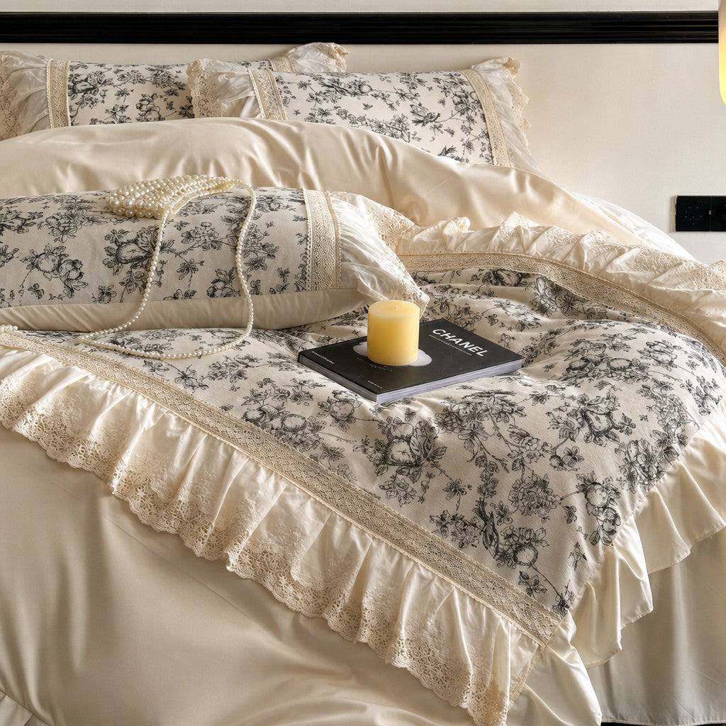 Roselle Lacera Cream Floral Bedding Set – Cottage Polyester Duvet Cover with Lace Trim Decor G68