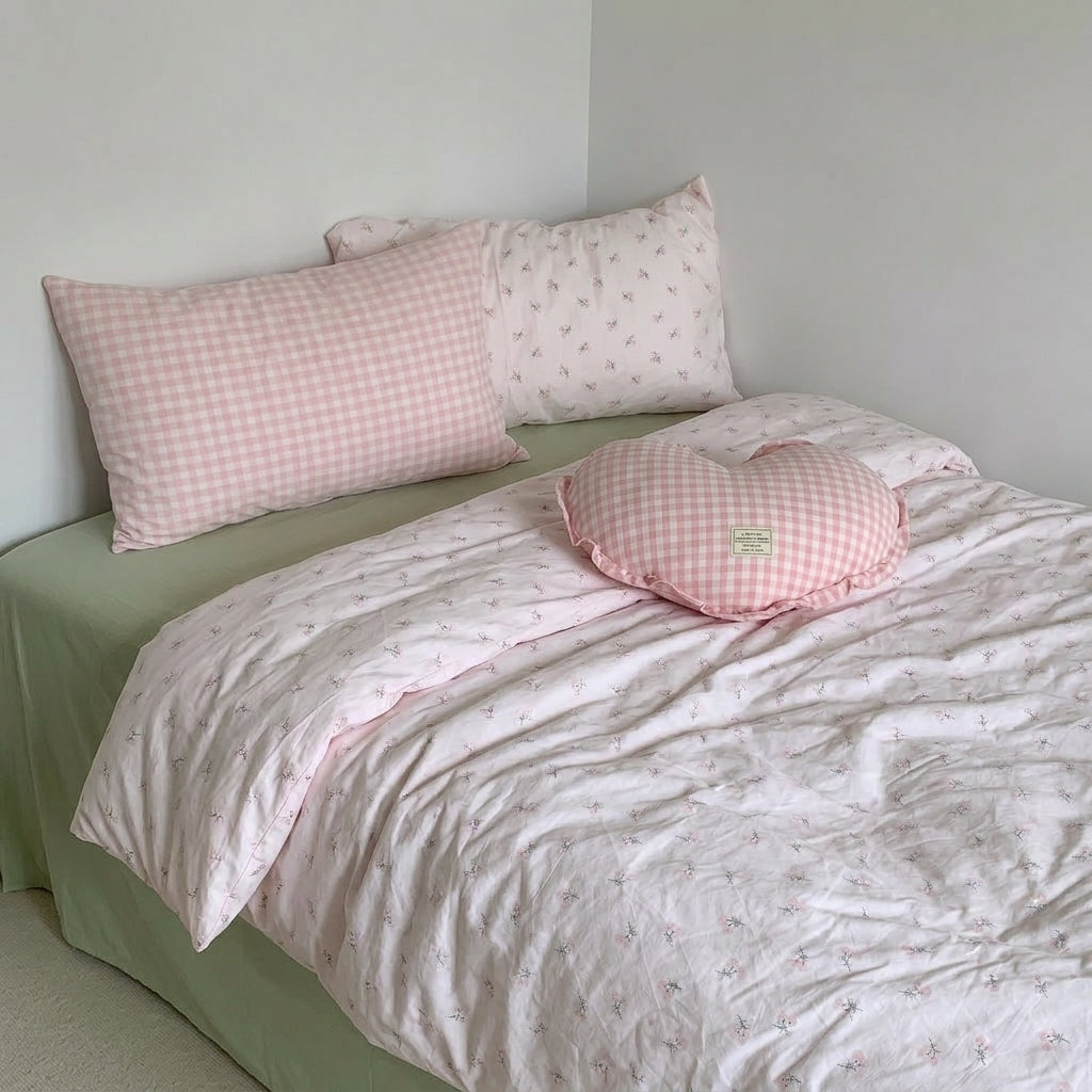 Floral Pink Gingham Washed Cotton Bedding Set Pastel Country Style 4-Piece Sheet Set for Bedroom G74