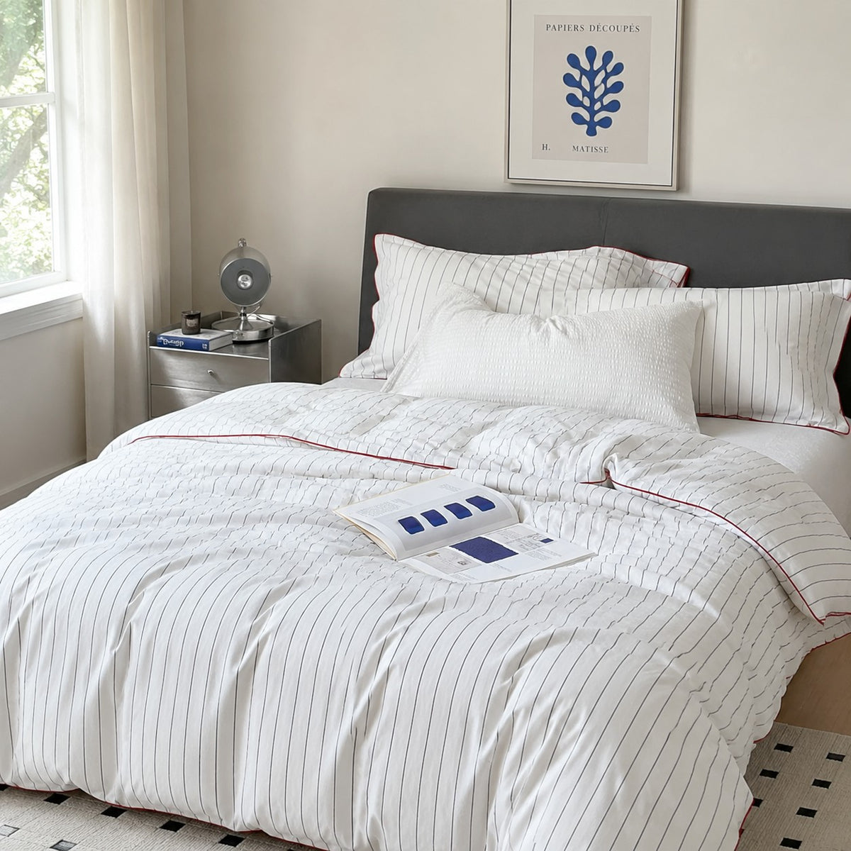 Vintora Minimalist White Striped Washed Cotton Bedding Set for Everyday Comfort G116