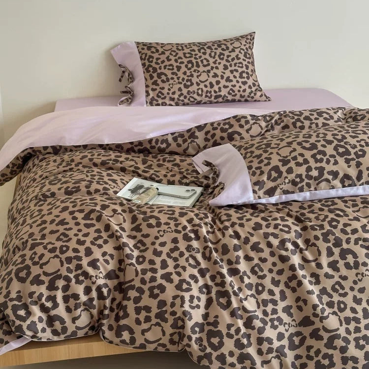 Vireza Coffee Leopard Print Cotton Bedding Set Soft Retro Bed Linen for Cozy Bedrooms G71