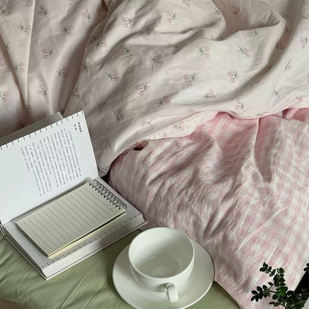 Floral Pink Gingham Washed Cotton Bedding Set Pastel Country Style 4-Piece Sheet Set for Bedroom G74