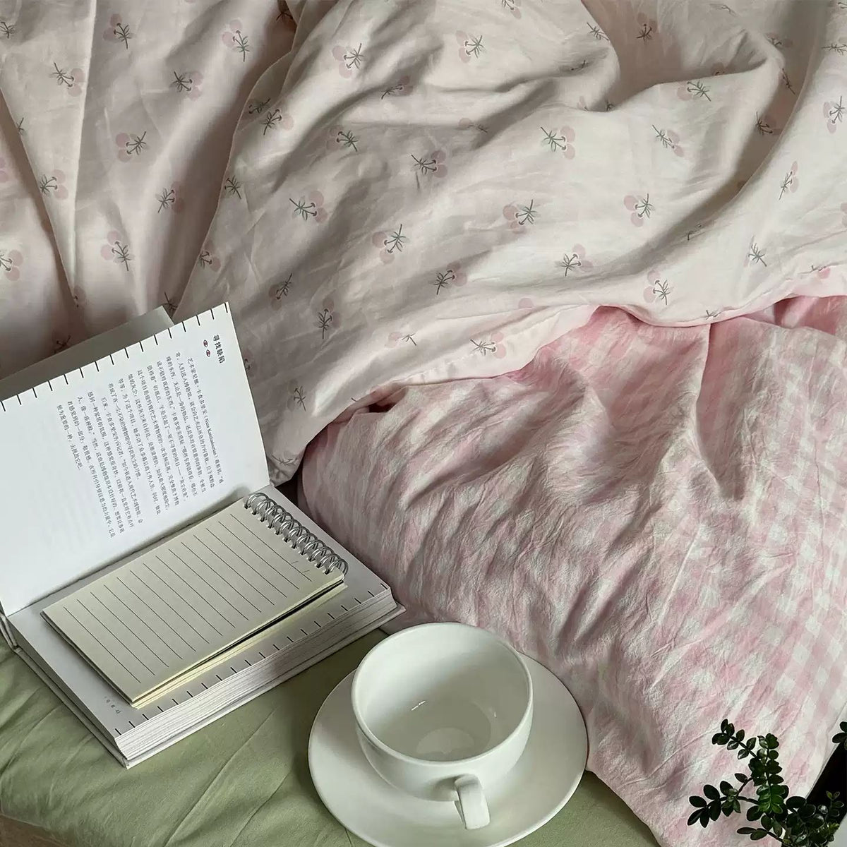 Floral Pink Gingham Washed Cotton Bedding Set Pastel Country Style 4-Piece Sheet Set for Bedroom G74