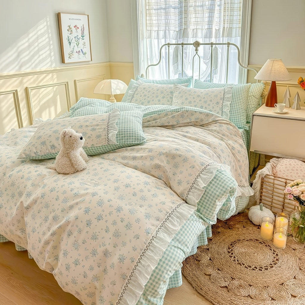Kawaii Grandma Blue Plaid Bedding Duvet Cover Set