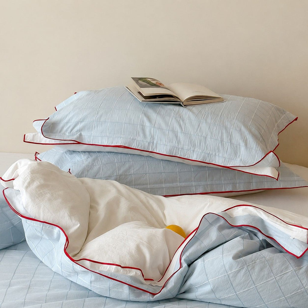 Vintora Simple Retro Blue Plaid Red Double-Sided Cotton Bedding Set G120