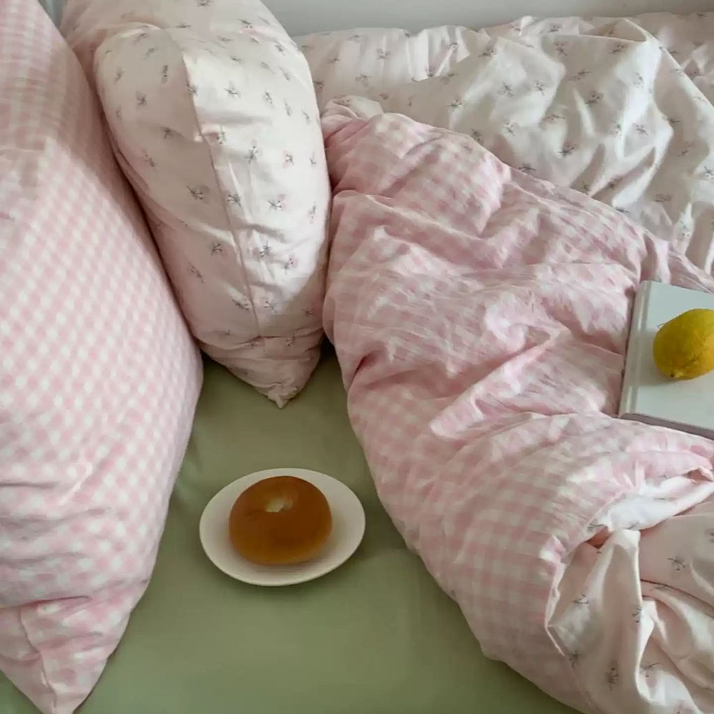 Floral Pink Gingham Washed Cotton Bedding Set Pastel Country Style 4-Piece Sheet Set for Bedroom G74