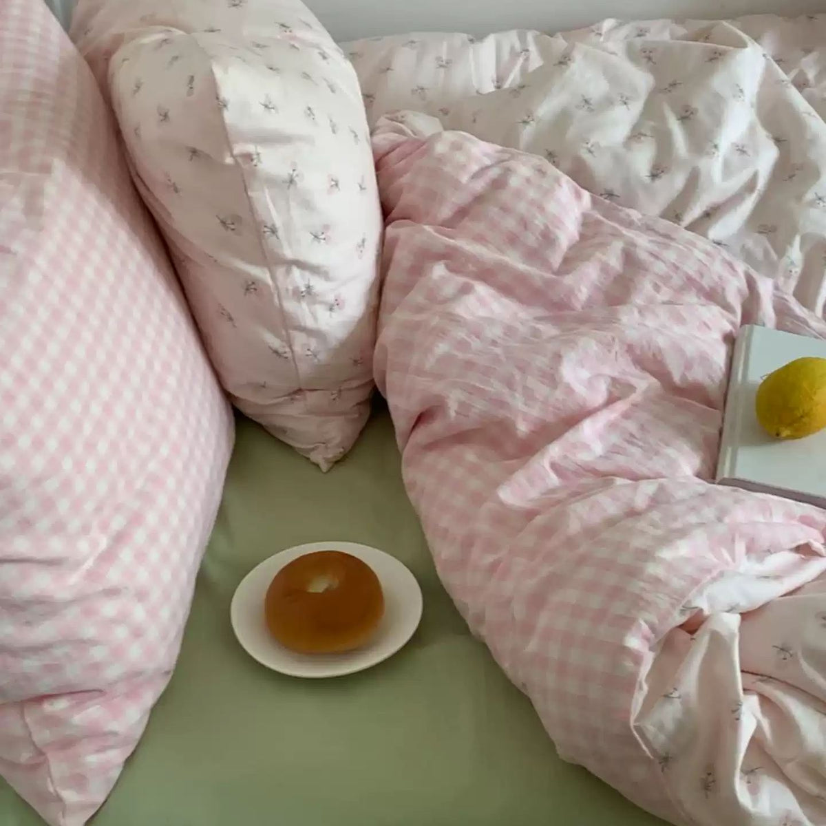 Floral Pink Gingham Washed Cotton Bedding Set Pastel Country Style 4-Piece Sheet Set for Bedroom G74