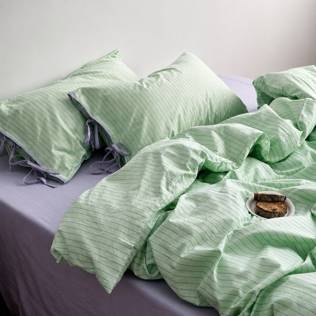 Vintora Modern Green Stripe Cotton Bed Linen Set G95