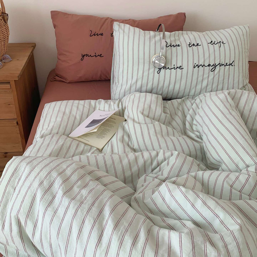 Vintora Washed Cotton Striped Bedding Set Soft Breathable Cotton Minimalist Set G94