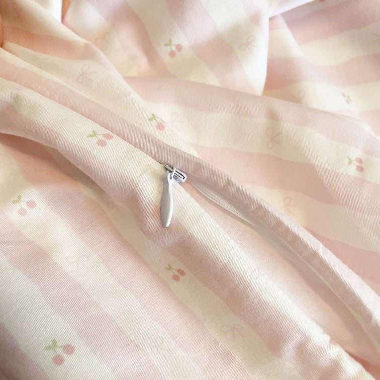 Roselle Pink and White Striped Cotton Bedding Set with Ruffle Trim G112