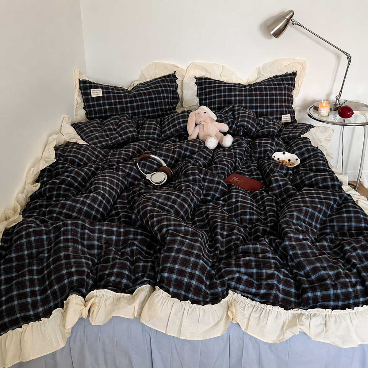 Roselle Washed Cotton Gingham Bedding Set with Ruffle Trim G113