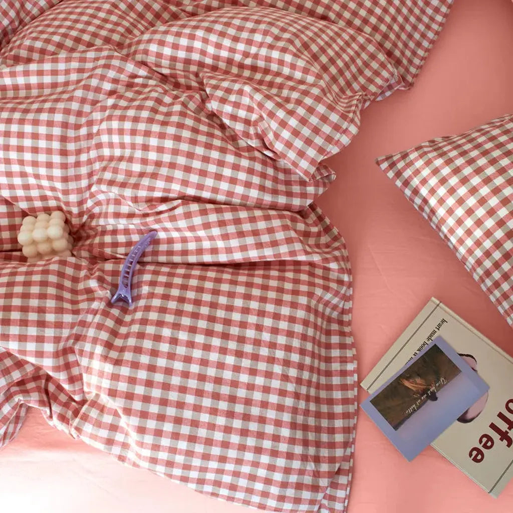 Cotton Small Gingham Bedding Set - Red