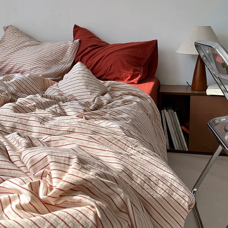 Vintora Red Beige Striped Cotton Bedding Set Minimalist Style for Bedroom Home Decor G83