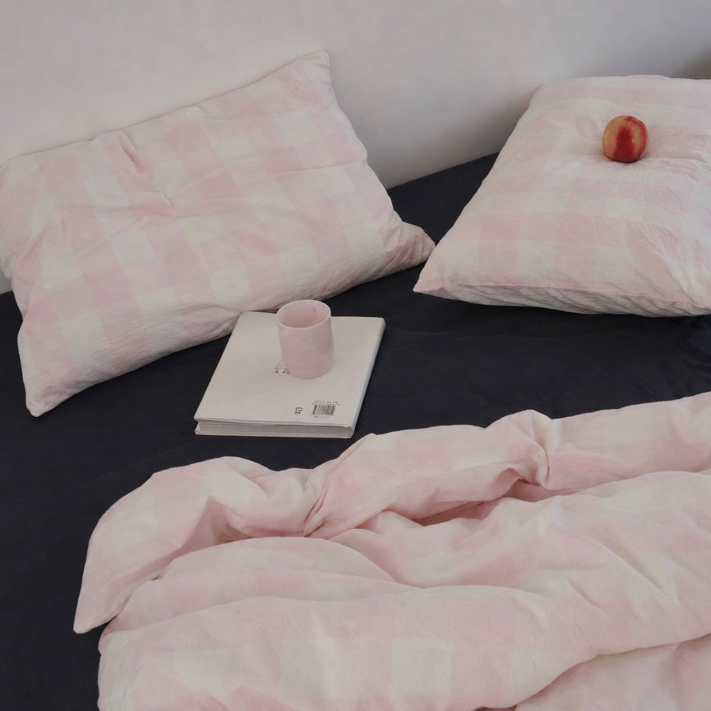 Viatora Pink Plaid Cotton Bedding Set Breathable  Wicking for All Seasons G76