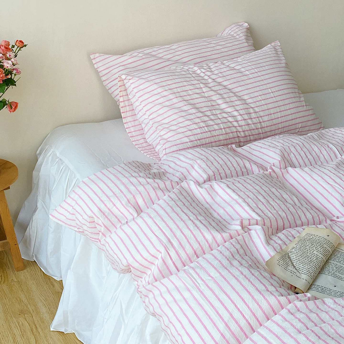 Roselle French Country Cloud White Cotton Bedding Set with Pink Striped Bed Skirt G109